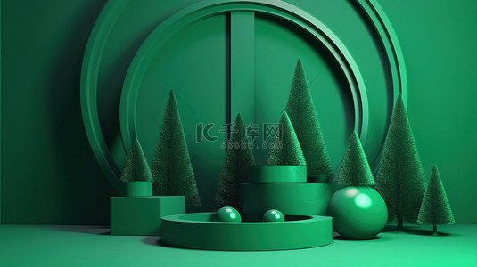 节日 3D 冬季讲台与绿色圣诞树抽象背景渲染