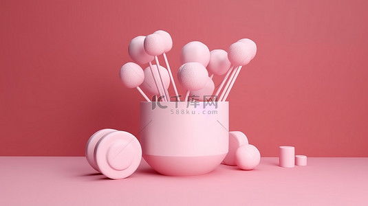 粉红色背景 3d 渲染图像上装满粉红色棒棒糖的白色陶瓷锅