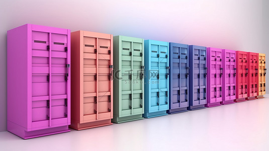 彩色机架行的透视图，容纳蓝色和粉色色调的托管服务器 3D 渲染插图