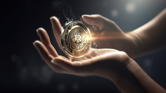 3d 渲染手持有的数字货币硬币的插图象征着金融技术的兴起