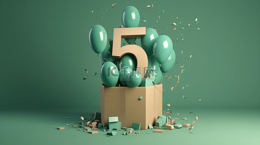 生日派对的快乐庆祝 3d 概念，在绿色背景上爆炸礼盒气球和五彩纸屑