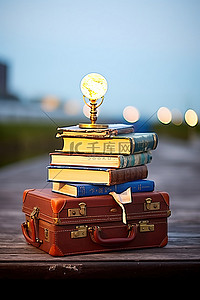 旅行包背景背景图片_一个装有两本书的手提箱放在大海前面的另一个手提箱的顶部，背景中有一些灯光