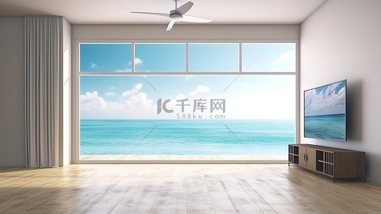 电视屏幕的 3D 渲染，在带有木柜的白色地板上显示宁静的海滨景观