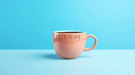 明亮的蓝色背景上柔和的彩色咖啡杯的简约 3D 渲染