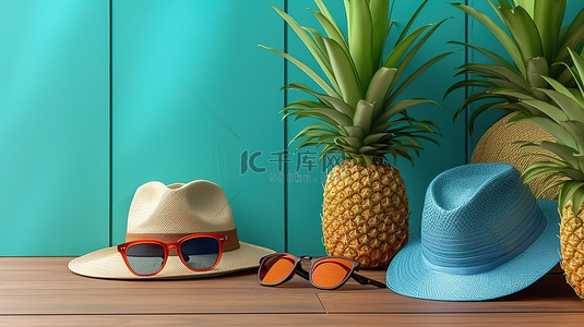 蓝色木质背景图片_蓝色木质背景上的热带氛围 3D 眼镜棕榈叶菠萝鞋和帽子