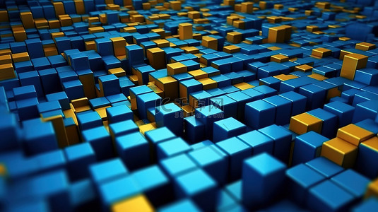 金色3d背景背景图片_蓝色 3D 空间中的金色立方体，呈现棋盘图案