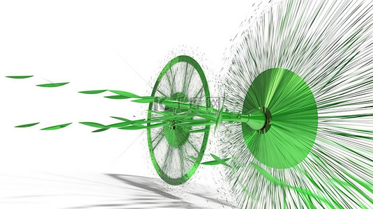 三支箭击中绿色目标靶心的 3D 渲染，与白色隔离相对应
