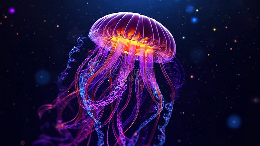 光芒四射的水母在海洋宇宙中滑行，太空中的霓虹灯幻想