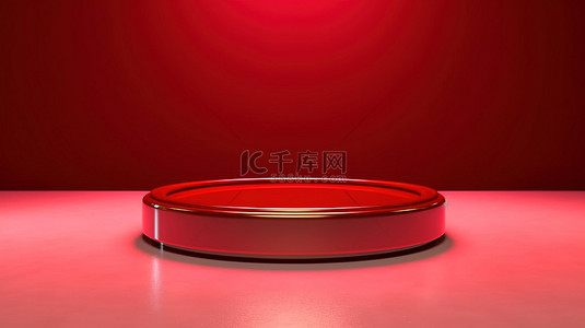 红色圆形讲台的 3D 渲染闪耀在红色舞台显示屏上