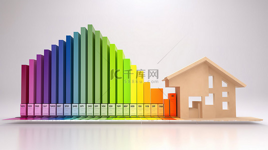 白色污染的背景图片_漂浮在白色背景能源效率评级图上方的抽象房屋的 3D 渲染