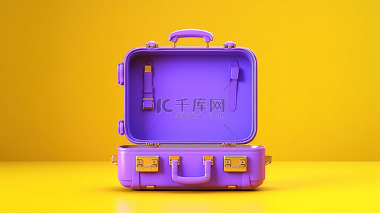准备冒险 3D 渲染黄色手提箱，在紫色背景上打开包装