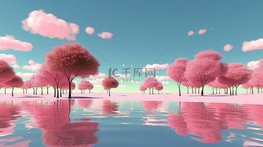 3d背景树木背景图片_柔和的湖泊和天空，3D 渲染的粉红色树木和绿草