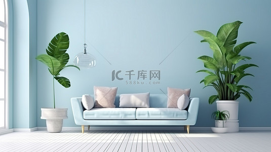 蓝色形象墙背景背景图片_复古客厅的 3D 渲染，配有沙发，以绿色植物和蓝色和白色背景的桌子为特色