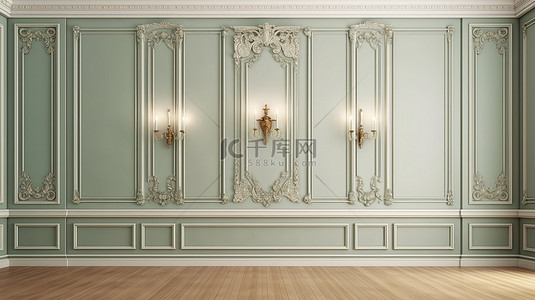 华丽新风貌背景图片_传统的墙壁装饰，带有华丽的皇冠造型和复杂的细节 3D 可视化