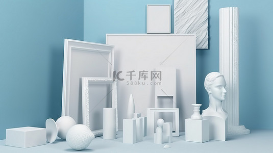 创意概念顶视图 3d 渲染白色框架用于产品展示与柔和的蓝色和白色场景