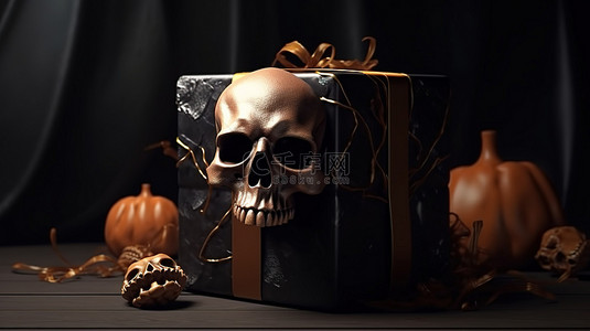 节日庆典活动背景图片_万圣节礼品盒的怪异 3D 渲染，配有头骨和骨头，用于节日庆祝活动