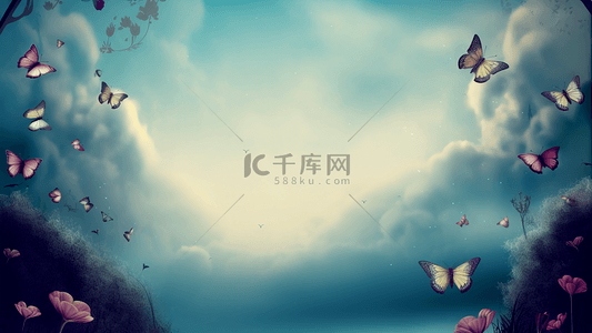 卡通蝴蝶昆虫背景图片_白云蓝天蝴蝶花卉卡通广告背景