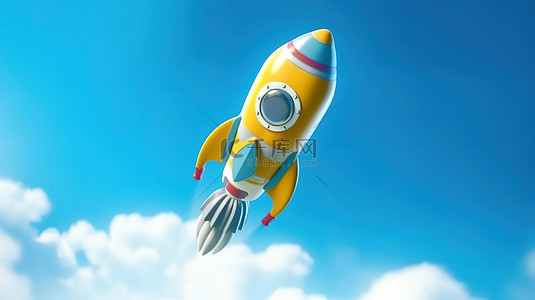 3D 渲染的卡通火箭玩具在蓝色背景下在云层中翱翔