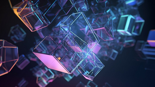 未来派全息几何物体在太空中飞行 3D 渲染的抽象插图