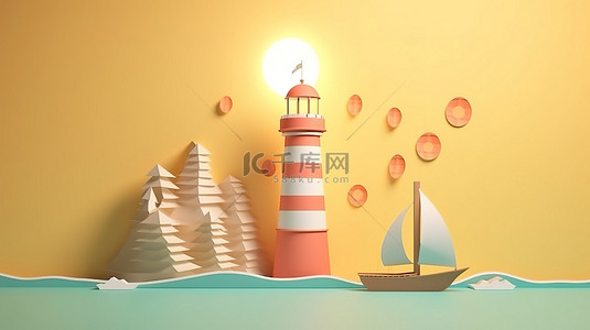 海浪灯塔背景图片_阳光亲吻的灯塔和海中的船 3D 渲染的纸艺术杰作