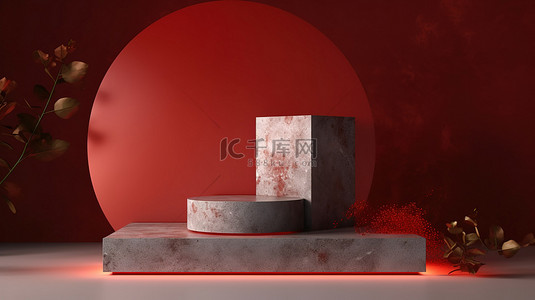 优雅的大理石顶部红色混凝土讲台，带有聚光灯，用于展示 3D 渲染