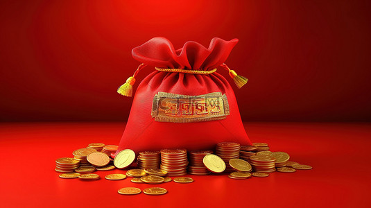 中国戏曲字背景图片_3D 所示猩红色背景上闪闪发光的红色钱袋和传统中国金币