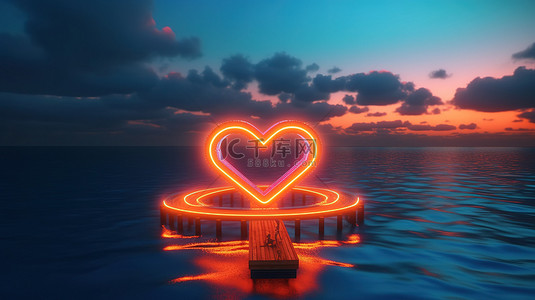 爱心灯牌背景图片_超凡脱俗的 3D 艺术霓虹心形标志漂浮在海上
