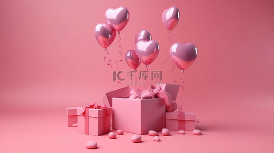 粉色心形背景图片_抽象背景下 3D 渲染礼品盒中的情人节概念粉色心形气球