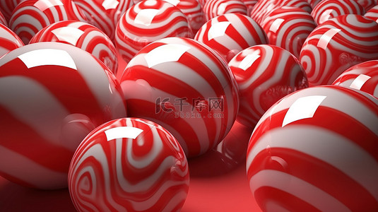 集合美食背景图片_条纹红色糖果球集合的 3d 渲染