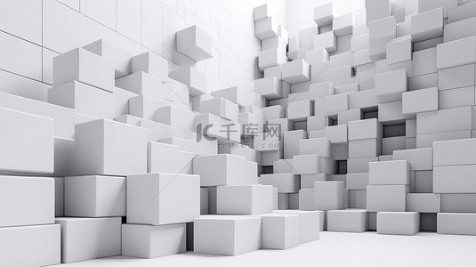 在 3D 渲染中带有一堆灰色立方体砖的白色空间背景