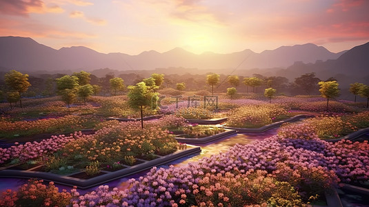 盛开的花卉背景图片_暮光之城盛开的花卉种植园的 3D 渲染背景