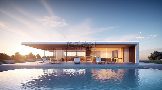 简约的高端住宅，配有现代室外游泳池 3D 渲染