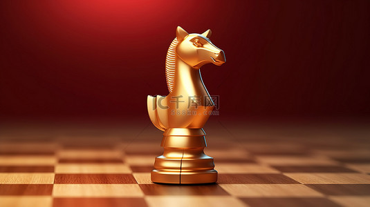标志性的国际象棋骑士，哑光红金背景上的金色马鞍，3D 渲染的社交媒体图标