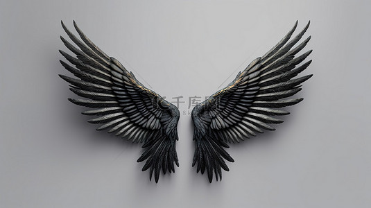 灰色羽毛背景图片_黑色翅膀在灰色背景上脱颖而出的令人惊叹的 3D 插图