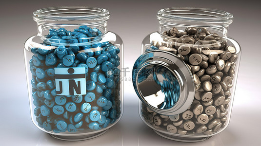 共同背景图片_两个装满闪亮 3d linkedin 徽章的玻璃罐