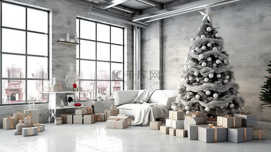 运动长袜背景图片_装饰节日的客厅，配有 ​​3D 圣诞树礼物和长袜