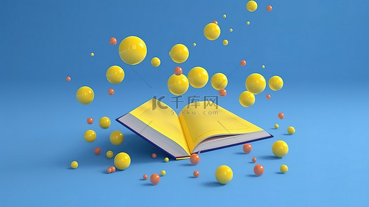 蓝色背景上以简约风格漂浮的毕业帽黄色球和书籍的 3D 渲染