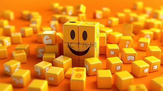 橙色背景下立方体微笑表情符号和“新年快乐”字母的 3D 插图
