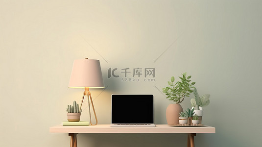电脑网页展示样机背景图片_带灯和植物的最小桌面，在计算机上以 3D 渲染展示在线商店网站