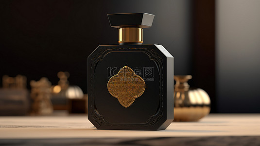 华丽的 3D 香水瓶渲染，带有黑色香水和豪华金色标签