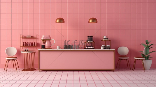 粉红色主题简约咖啡店的 3D 渲染，配有粉红色背景墙和瓷砖地板