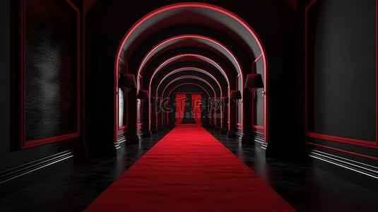3d 渲染的建筑人行道装饰着黑色走廊长隧道和带窗帘的红地毯