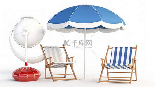 在明亮的背景上装饰着白色和蓝色的沙滩椅伞救生圈和球的 3D 渲染