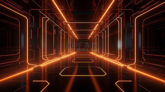 科幻插图橙色光在空荡荡的黑暗房间里投射出抽象的几何阴影