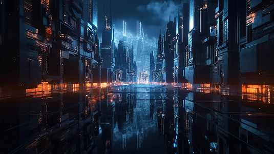 科技之城背景图片_未来主义的网络城市景观发光的灯光和反射照亮了黑暗的科技场景