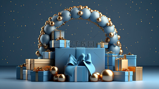 节日蓝色讲台，配有礼盒丝带和珍珠拱门，以 3d 形式庆祝圣诞快乐和新年快乐