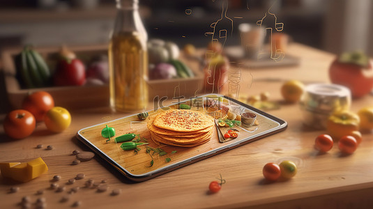 一桌饭菜背景图片_3D 家常饭菜应用程序界面的渲染