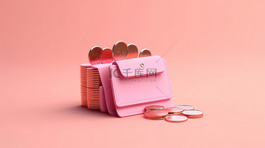 粉红色背景上排列的信用卡硬币和钱包的在线支付和省钱概念的插图预示了未来无现金社会