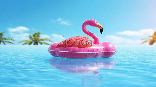 海上玩耍背景图片_完美的夏季伴侣火烈鸟形状的漂浮物，可在海滩或泳池玩耍 3D 渲染，带有复制空间