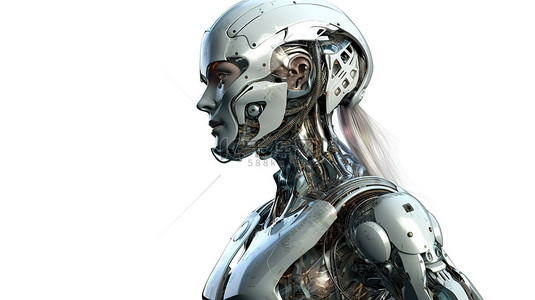在白色背景上隔离的 3D 渲染中的女性机器人或机器人